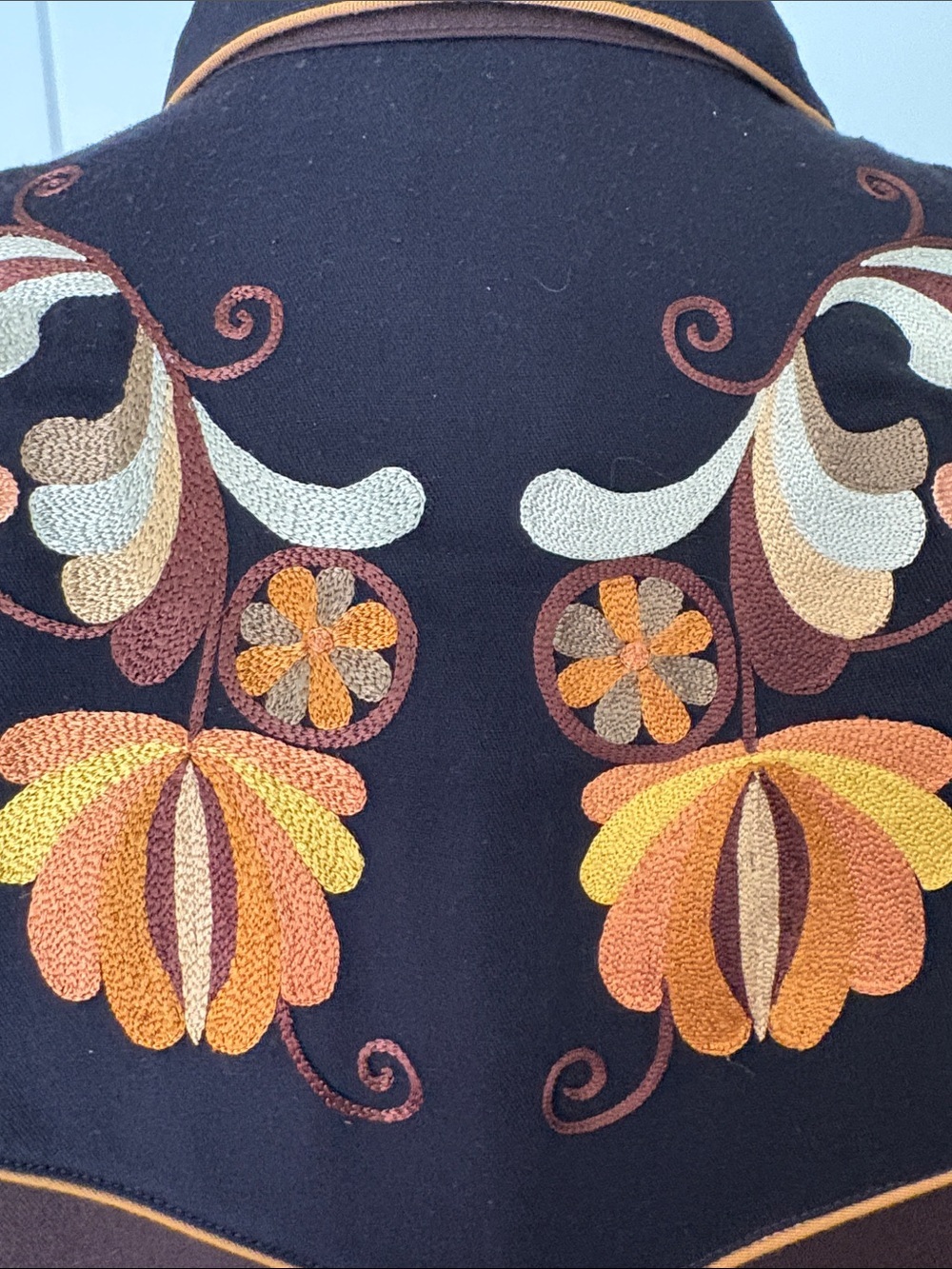 Vintage Brown Western pearl snap Shirt with gold tonal Floral Embroidery - Picture 7 of 11